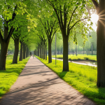Green Veins - Urban Nature Connection**

A vibrant park in a Dutch city, featuring a green corridor (trees, grass) connecting it to another park in the distance. Focus on the diverse wildlife (birds, insects) using this corridor.  Sunlight, natural colors, sense of urban tranquility.

**