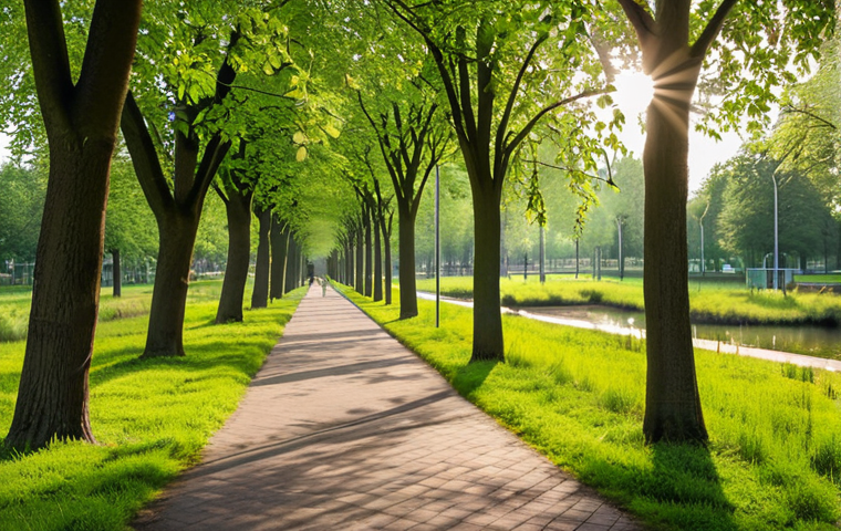 Green Veins - Urban Nature Connection**

A vibrant park in a Dutch city, featuring a green corridor (trees, grass) connecting it to another park in the distance. Focus on the diverse wildlife (birds, insects) using this corridor.  Sunlight, natural colors, sense of urban tranquility.

**