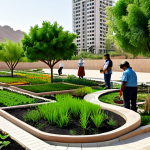A vibrant community scene in a newly designed urban park, where a diverse group of adults, fully clothed in modest, practical gardening attire, are actively planting native flora around a well-designed wadi. The wadi is clearly visible, subtly retaining rainwater, surrounded by lush, indigenous plants that attract local pollinators. In the background, modern buildings feature extensive green roofs and vertical gardens, showcasing integrated sustainable infrastructure. The atmosphere is collaborative and optimistic under bright, natural daylight. This is a professional photograph, safe for work, appropriate content, family-friendly, with perfect anatomy, correct proportions, natural poses, well-formed hands, proper finger count, and natural body proportions, ensuring high quality and realism.