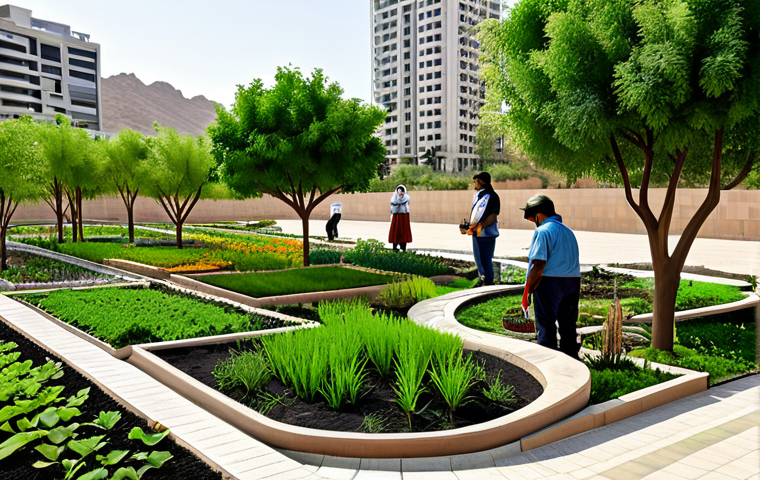 A vibrant community scene in a newly designed urban park, where a diverse group of adults, fully clothed in modest, practical gardening attire, are actively planting native flora around a well-designed wadi. The wadi is clearly visible, subtly retaining rainwater, surrounded by lush, indigenous plants that attract local pollinators. In the background, modern buildings feature extensive green roofs and vertical gardens, showcasing integrated sustainable infrastructure. The atmosphere is collaborative and optimistic under bright, natural daylight. This is a professional photograph, safe for work, appropriate content, family-friendly, with perfect anatomy, correct proportions, natural poses, well-formed hands, proper finger count, and natural body proportions, ensuring high quality and realism.